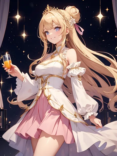 //Character 1girl, my intimate princess ,   slim and soft, medium large breast, ultra detailed face, innocent, round face, thin eyeblow,  sparkly  pupils, translucent skin, extra long hair, blonde hair,  curly hair,side swept bangs with a bun, 
BREAK
 //Fa...