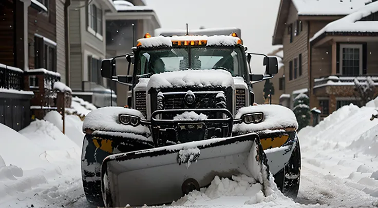 A man removes snow with a snow plow after a heavy snowfall near his house, close-up, blizzard, snow in the lens