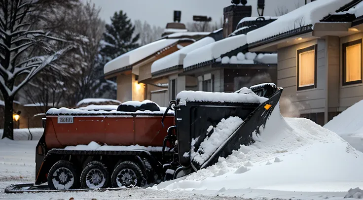 A man removes snow with a snow plow after a heavy snowfall near his house, close-up, blizzard, snow in the lens