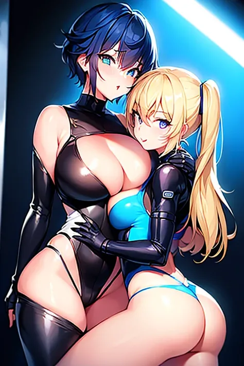 2girls, kissing, breasts, large breasts, wude hips, french kiss, ass, bodysuit, black bodysuit, yuri, futuristic, science-fiction, tech, machinery, very short hair, short hair, blue hair, blonde hair, bikini, neon, neon trim, tongue out, tongue, breast pre...