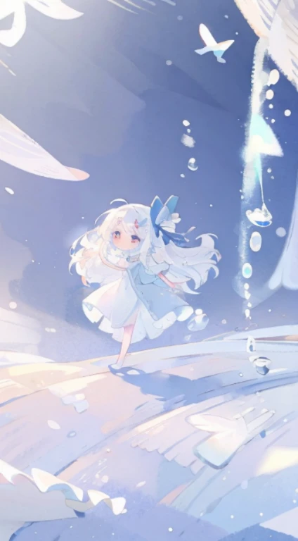 One girl、White hair、long、​masterpiece、top-quality、Top image quality、cute little、light blue dress ribbon、gradients、white ribbon dress、Light blue ribbon on head、cute background、Ribbon background、Light blue eyes