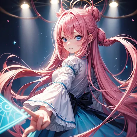 A girl with long pink hair and light blue eyes.、be a magician、The background is a circus