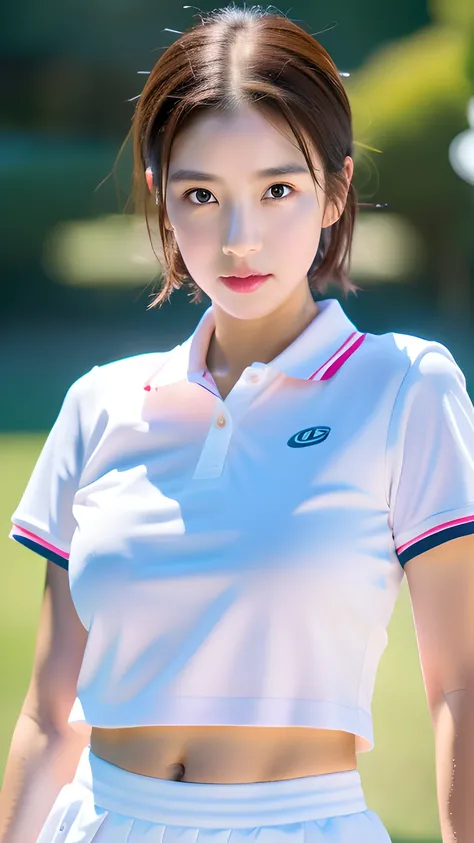 1 girl, Solo, White polo shirt, White sneakers, Pink Tennis Wear: 1.3, White mini skirt, masutepiece, of the highest quality, Realistic, Hyper Detail, (Glossy skin, full of sweat: 1.4), absurdity, Camera gaze, Short black hair, Brown eyes, slender, Dynamic...