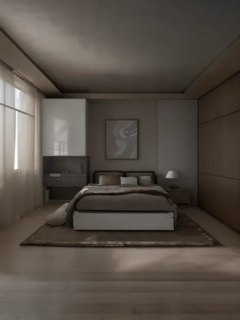 ((Bedroom)) 1 ceiling cabinet, 1 shelf, 1 table, 1 bedside table(( 1 wardrobe, oak, ceiling height)),((flat ceiling, brown, white, dark) )((1 glass door, gray))((1 brown curtain)) ((floor, wood panel))super sharp, surreal images, realistic light reflection...