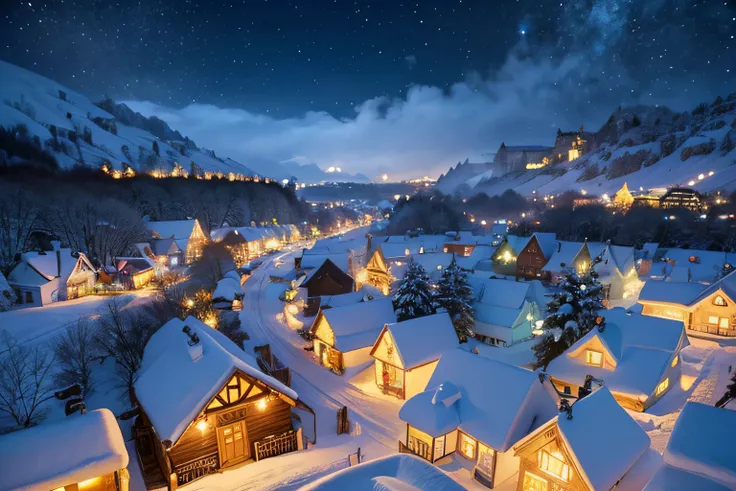 Wonderland Village，Village view，Lots of snow on the ground, magical village, well-lit building, Snowy winter,blanketed in a mantle of snow, quaint village, winter setting, Suffocating, very magical and dreamy, ,It will snow in winter,natural, Cold but beau...