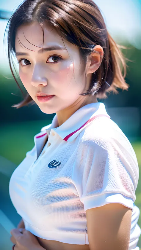 1 beautiful woman, Solo, White polo shirt, White sneakers, Pink Tennis Wear: 1.3, White mini skirt, masutepiece, of the highest quality, Realistic, Hyper Detail, (Glossy skin, full of sweat: 1.4), absurdity, Camera gaze, Short black hair, Brown eyes, slend...