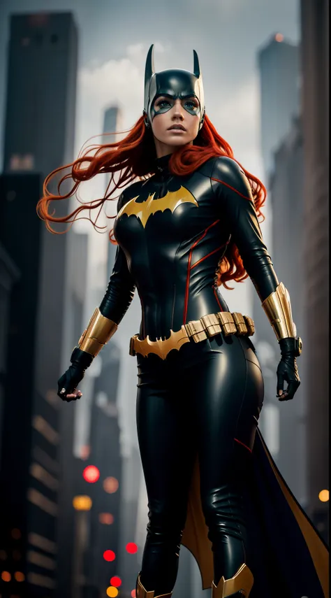 red-haired woman, beauty, batgirl clothes, batgirl , full body photo, prominent figure, standing on the edge of a skyscraper, ni...