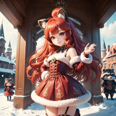 ​masterpiece、top-quality、ultra-detailliert、(Chibi character girl with raccoon ears:1.2),(Fake fur:1.3),red hair swaying in the wind,Gorgeous rococo renaissance dresses、Red High Heels,a smile,skip,The background is a snowy castle