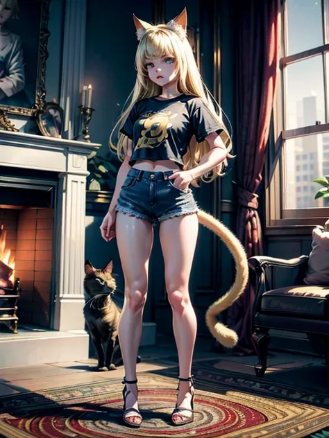 a futanai, long blonde hair, blonde pointed neko cat ears, green eyes, crop t-shirt, short denim pants, heels, with a blonde cat...