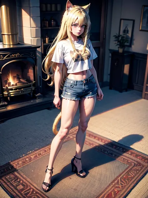 a futanai, long blonde hair, blonde pointed neko cat ears, green eyes, crop t-shirt, short denim pants, heels, with a blonde cat...