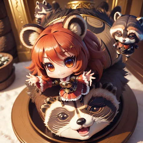 ​masterpiece、top-quality、ultra-detailliert、(Chibi character girl with raccoon ears:1.37),(Fake fur:1.3),Red hair swaying in the wind,Gorgeous rococo renaissance gold dress、Red high heels,A smile,Skip,The background is a snow castle,Chibichara 3D