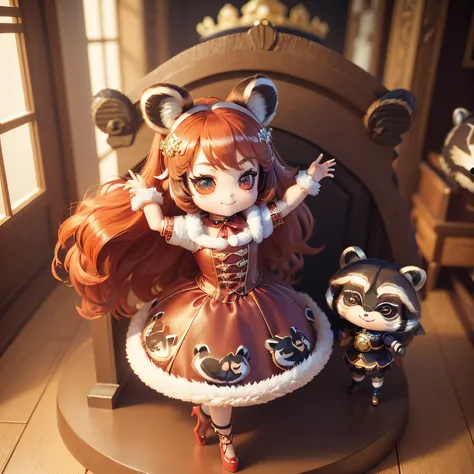 ​masterpiece、top-quality、ultra-detailliert、(Chibi character girl with raccoon ears:1.37),(Fake fur:1.3),Red hair swaying in the wind,Gorgeous rococo renaissance gold dress、Red high heels,A smile,Skip,The background is a snow castle,there&#39;s nothing on t...