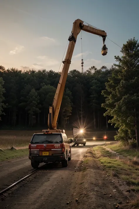 a crane truck with a clock inside showing 6am carrying a tree seedling to a forest on the left side of the image, while in the background there will be the sunrise