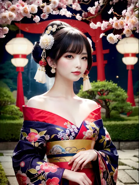 In a futuristic scene, Japanese geisha with machinery in elaborate garden. She has beautifully detailed eyes and lips that complement her face. Geishas wear traditional kimonos with intricate patterns and designs. Around her are bright cherry trees and a q...