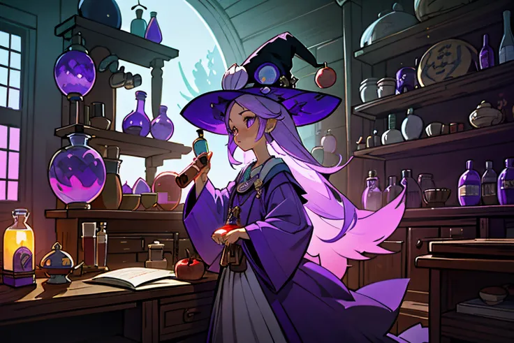 magical land、beautiful a girl、witchs hat、purple and white gradation hair、length hair、finely decorated clothing、natta、enchanting apple、Inside a wooden house、There are many nuts, flasks, and test tubes on the shelves in the background.