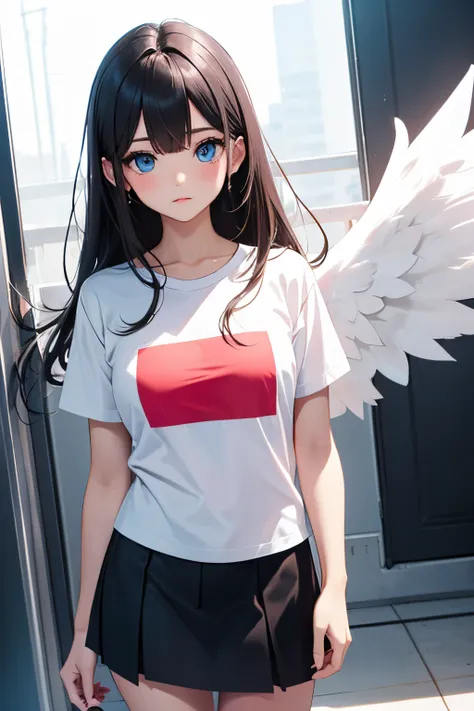 ANGEL GIRL BLUE EYES ,WEARING WHITE TSHIRT ,BLACK SKIRT , ANGEL