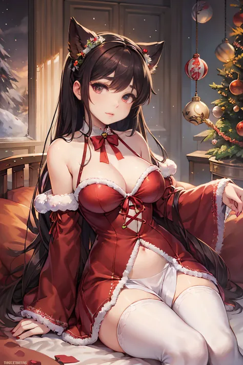 Amidst a Christmas-themed setting, a woman sits elegantly on a bed, her legs crossed, adorned with full-length white stockings that evoke a wintry feel. She embodies the persona of a cruel Korean goth girl, a striking contrast against the festive decor. Wi...