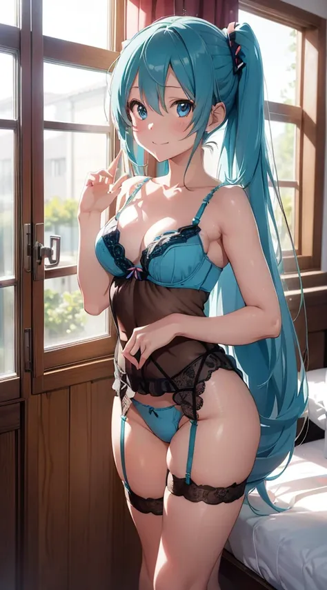 ultra detailed, Hatsune Miku, photorealistic, (seductive anime girl), beautiful style, fair skin, beautiful charming anime woman, (full body), masterpiece portrait, 3D face, smile, shining blue eyes, (((slutty lingerie))), window in the morning, Basking in...