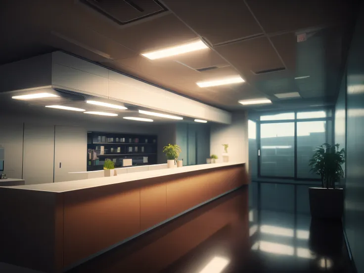 there is a long counter in a large office with a plant, hospital lighting, interior do hospital, medical lighting, cinematic counter light, hospital, cinematic accent lighting, cinematic soft lighting, doctors office, dramatic lighting render, 8 mil. Volum...