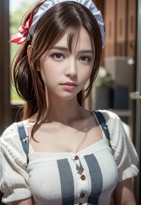 8K, of the highest quality, masutepiece:1.2), (Realistic, Photorealsitic:1.37), of the highest quality, masutepiece, Beautiful young woman, Pensive expression, Thoughtful look, Cute Maid Clothes, Hair tied back, Messy mood, Cinematic background, Tired, Lig...