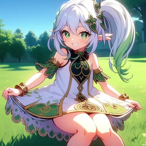 bottomless, skirt lift, sunbathing, 8 years old, loli, outside, grin, sunny, bright sunlight, grass, pointy ears, hair ornament, white hair, green hairstreak, side ponytail, masterpiece, best quality