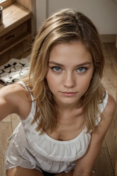 ((best quality)), ((Meisterwerk)), (Detailliert), Perfektes Gesicht, 1.1, Hochdetaillierte Gesichts- und Hautstruktur, Detaillierte Augen, Anna Björn a 21 year old blonde swedish girl, cute selfies, photographed from above sitting on the floor, cute makeup...