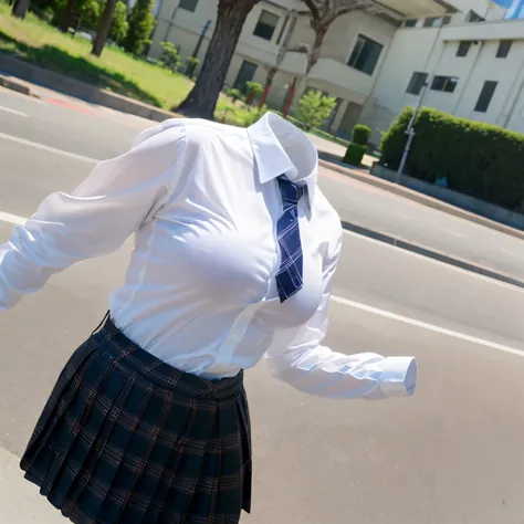 chubby, fat, white shirt, blue stripe tie, school tie, school uniform, plaid skirt, (from below), cute pose, (invisible, no humans, headless, faceless:1.5), cute big breasts, (8k, RAW photo, best quality, masterpiece:1.2), (realistic, photo-realistic:1.37)...