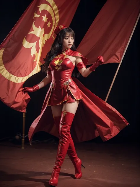 CG girl wearing Chinese clothes，He wears a five-star flag cloak on his back, Fluttering, He has red gloves on his hands+ Wearing a pair of red over-the-knee boots on both feet，superhero five star flag，Full body perspective and super power effects appear