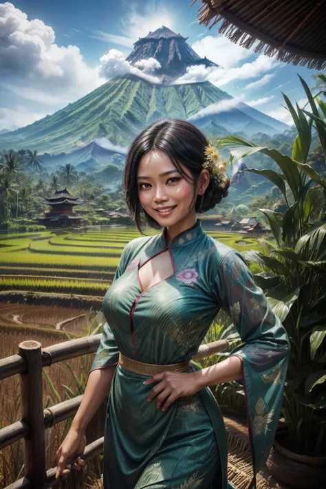 black haired female Indonesian Rice Farmer wears kebaya dress with a happy face and light laugh, nurturing her just about to crop rice at her vast rice field with beautiful volcano in background, bamboo hut and bamboo woods, an epic masterpiece hyper reali...