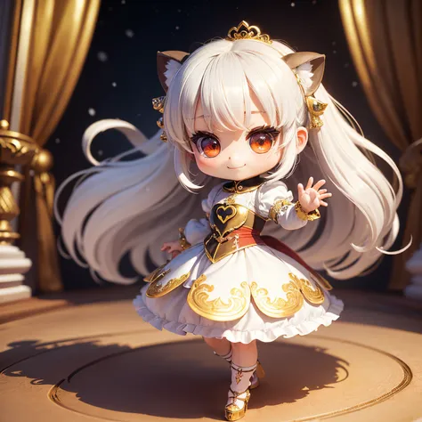 ​masterpiece、top-quality、ultra-detailliert、(Chibi Charas Daughter:1.37), He looked like a raccoon dog,White hair swaying in the wind,Gorgeous rococo renaissance gold dress、Red high heels,A smile,Skip,The background is a snow castle;There is nothing on the ...