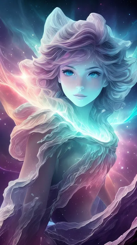 Incredible and spectacular scene，Beautiful Belarusian girl，Upper body emerges from glowing cloud fractal nebula lines，Clear face，crystallineAI，cosmic entity，a heavenly being，kosmos，vibrant and vivid，swirles，twist，unpractical，hight contrast，Co-metabolism，ma...