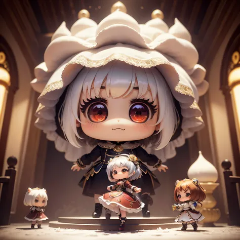 ​masterpiece、top-quality、ultra-detailliert、(Chibi Charas Daughter:1.37), It looked like a raccoon dog,White hair swaying in the wind,Gorgeous rococo renaissance gold dress、Red high heels,A smile, dancing dancing,The background is a snow castle;There is not...