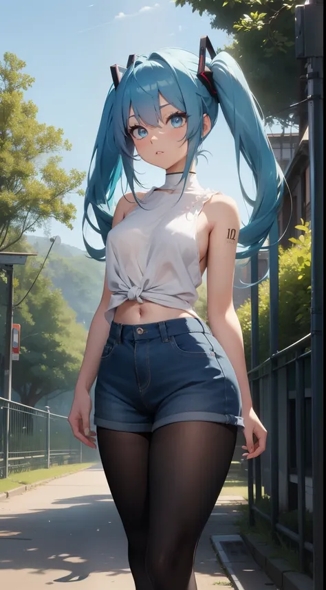 (masterpiece), (best quality), (4k resolution), (anatomy; perfect), character Hatsune Miku, 1 adult girl, light skin, blue eyes, (big blue hair), (locks, bangs), tied hair two sides, (light effects on hair), eyebrow, nose, ear, mouth, lips, short blouse, s...