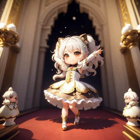 ​masterpiece、top-quality、ultra-detailliert、(Chibi Charas Daughter:1.37), It had a face and tail like a raccoon dog..,White hair swaying in the wind,Gorgeous rococo renaissance gold dress、Red high heels,A smile, Dance Dance,The background is a snow castle;T...