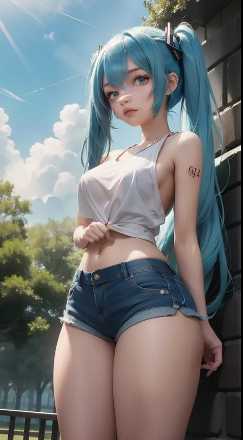 (masterpiece), (best quality), (4k resolution), (anatomy; perfect), character Hatsune Miku, 1 adult girl, light skin, blue eyes, (big blue hair), (locks, bangs), tied hair two sides, (light effects on hair), eyebrow, nose, ear, mouth, lips, short blouse, s...