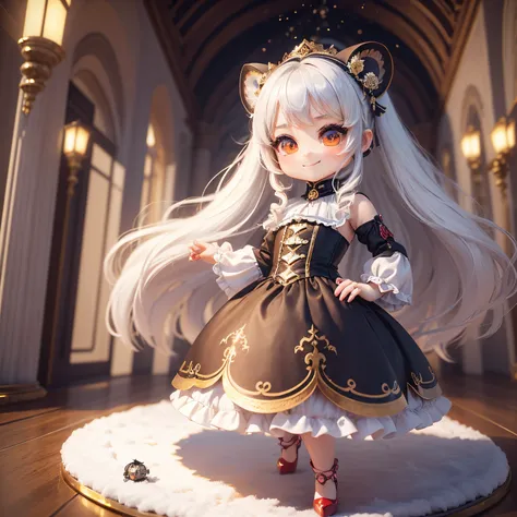 ​masterpiece、top-quality、ultra-detailliert、(Chibi Charas Daughter:1.37), It had a face and tail like a raccoon dog..,White hair swaying in the wind,Gorgeous rococo renaissance gold dress、Red high heels,A smile, Dance Dance,The background is a snow castle;T...