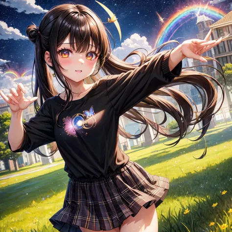 Black brown hair、poneyTail、verd s eyes、one good looking girl、独奏、animesque、lightly dressed、Plaid miniskirt、a black T-shirt、grass field、fullmoon、Meteor swarm、Glittering starry sky、rainbow butterfly flying