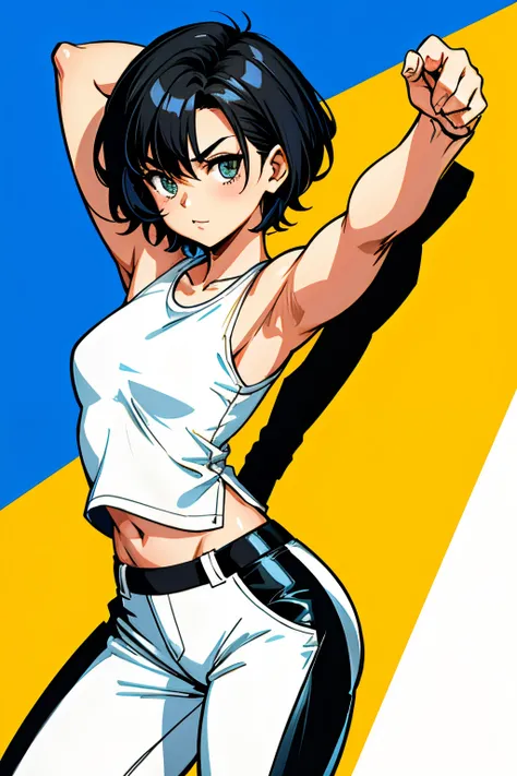 Cute girl, short hair, Classic Fit white Tank Top, She wears long black pants, Wolverine, Logan, X-Men