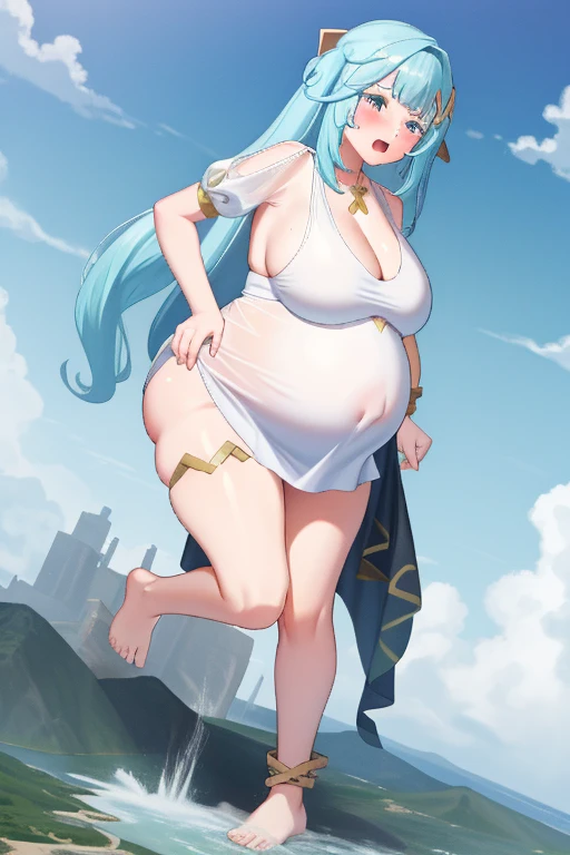 Giant maiden, Pregnant, Belly full of gas, Huge breasts, Burping, Really loud burp, Barefoot, Embarrassed, Full body