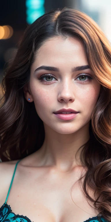 Full face portrait photo of a 25-year-old European girl, RAW, beautiful woman, semi-open strawberry lips, dimples, wistful look, (extra long wavy brown hair), ((detailed face)), ((detailed facial featureinely detailed skin), pale skin, (deep neckline detai...