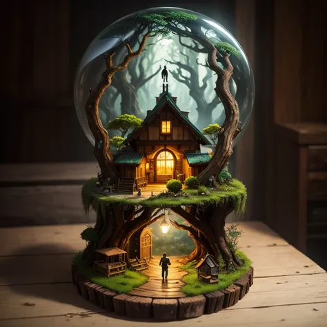 A masterpiece in the form of a wood forest world full of life inside a beautiful, illuminated miniature forest