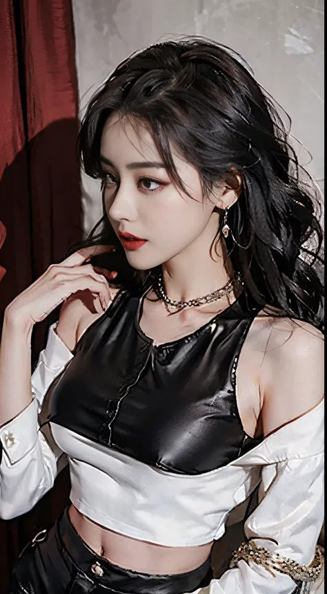 girl vs........., through bangs, target shoulder, Black pants, Squeezed together, greybackground, hair between eye, Bigchest, hairlength ,awas, red eyes, The shirt,  sleeveless shirts, 独奏, high-necked, voltage arm, White hair,(Skin glows),(tmasterpiece:1.4...