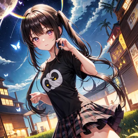 Black brown hair、poneyTail、verd s eyes、one good looking girl、独奏、animesque、lightly dressed、Plaid miniskirt、a black T-shirt、grass field、fullmoon、Meteor swarm、Glittering starry sky、rainbow butterfly flying、fish-eye lens