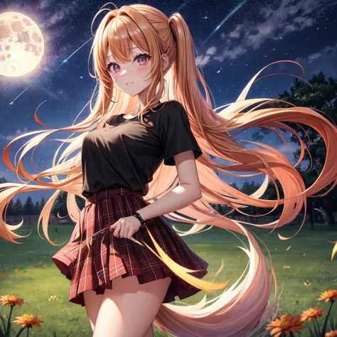 Red-blonde、poneyTail、verd s eyes、one good looking girl、独奏、animesque、lightly dressed、Plaid miniskirt、a black T-shirt、grass field、fullmoon、Meteor swarm、Glittering starry sky、rainbow butterfly flying