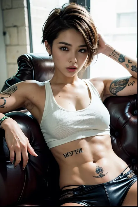 brown hair belly short hair、dirty white tank top、flower tattoos on both arms、realistic skin texture、28 year old 、punk、tattoos al...