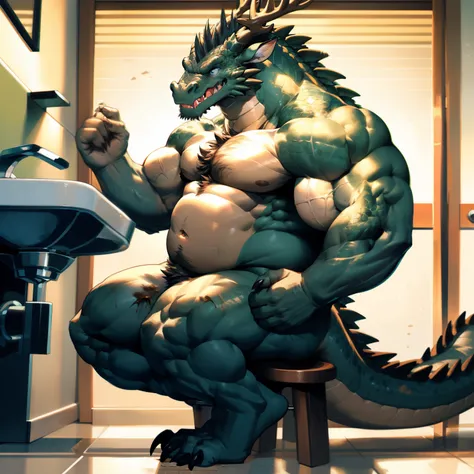 white Japanese style toilet bowl、brown dragon、Composition from the side、whole body scales、mane、Huge bulging crotch、nude、happy trail、Navel hair、Chest hair、Body hair all over the body、Black body hair、Amazing muscles、Massive（200%）、abdominals、Chest hair、a litt...