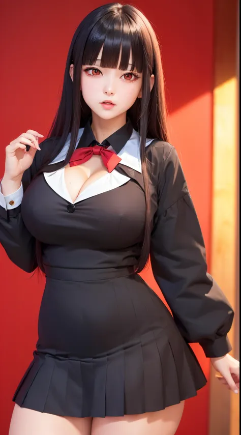 ((Best Quality)), ((masutepiece)), (Detailed), Perfect face　A detailed face　cleavage of the breast　younggirl　red eyes　long, thick black hair　 Blunt bangs　Solid background color　Stand and pose　Wear school uniforms