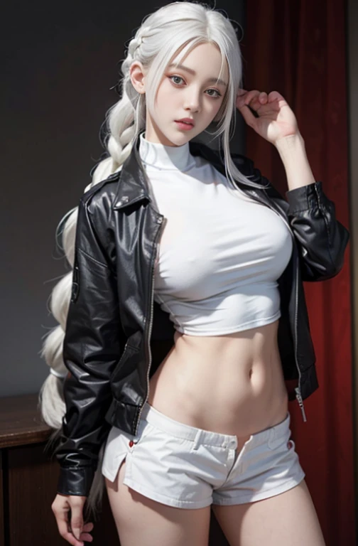 1girl, white hair, red eyes, navel, looking at viewer, hand on hip, black jacket, dolphin shorts, groin, (white shirt:1.2), braid, very long hair, wide hips, 
underboob, shirt, 
big(BodyProportions),