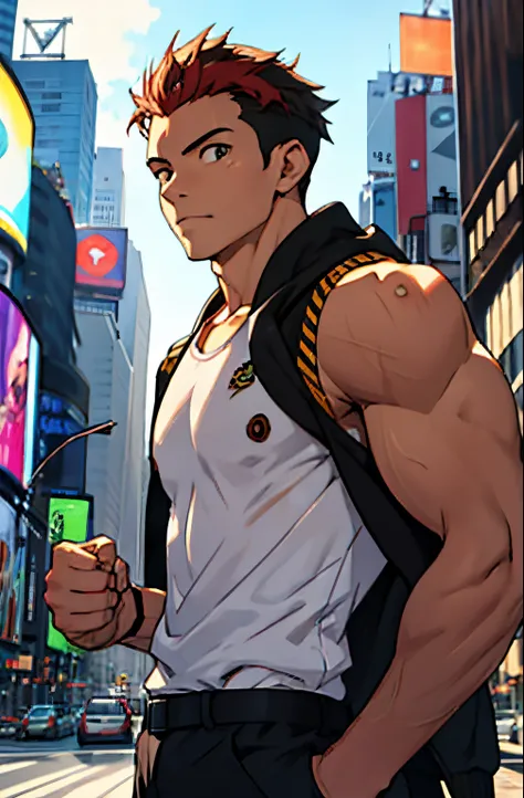 A mais alta qualidade, 8K, image high resolution, Detailed strokes, no meio de uma avenida movimentada estilo Times Square, inverno, apoiado em um dos postes, adolecente, lion men, wearing a tank top , masculo, chest a little tight in the jacket, (angulo d...