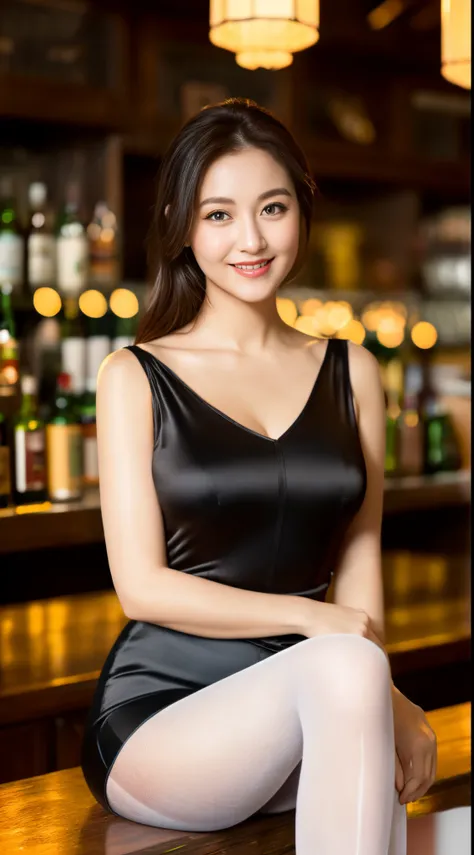 ulzzang -6500-v1.1, (Raw photo:1.2), (Photorealsitic), (Real:1.4), upper class bewitching woman、１A MILF、(luxury sleeveless silk blouse:1.2), (Ultra-realistic pantyhose:1.2), (Long skirt in satin fabric:1.2)、Pantyhose Focus、Sit at the bar counter、Cross your...